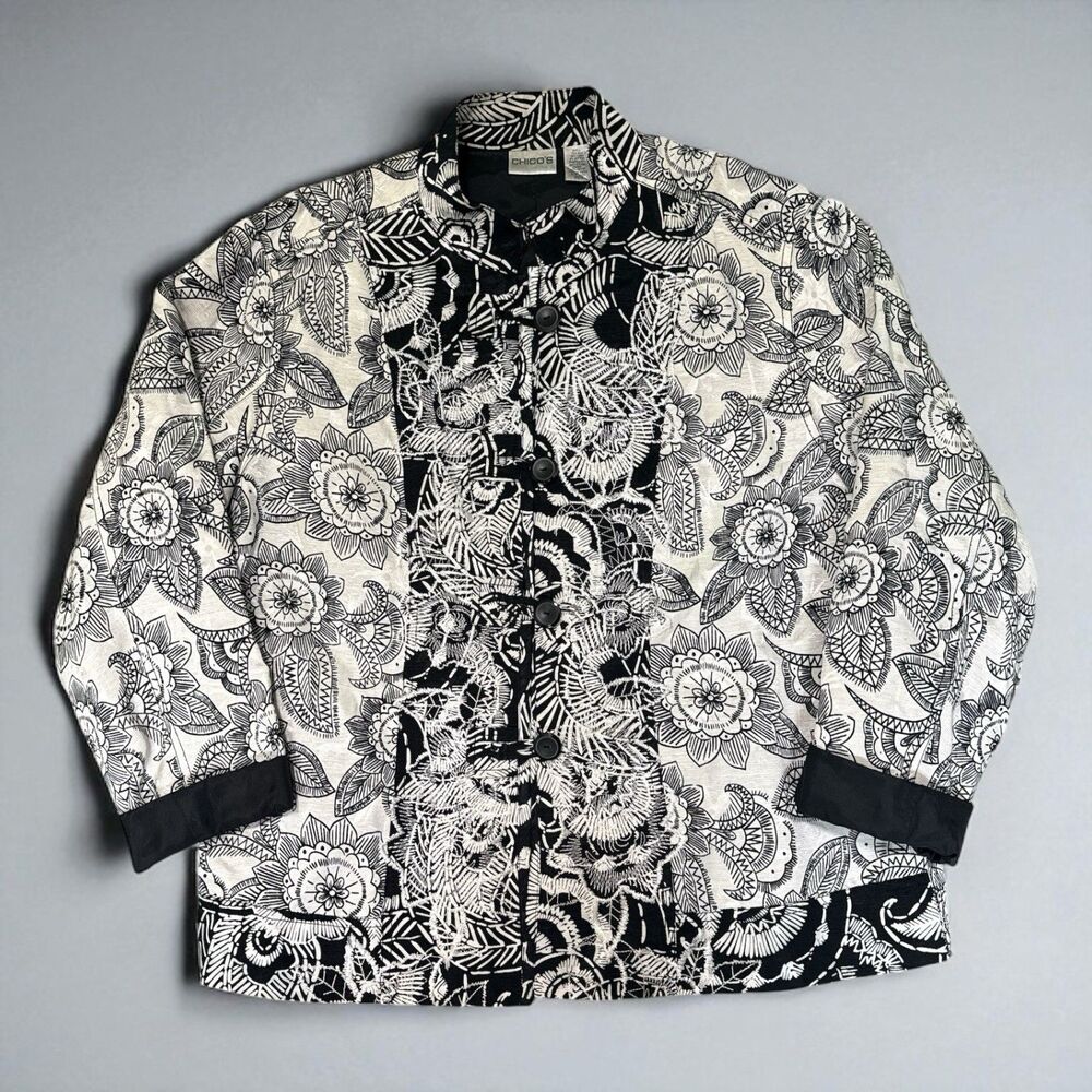 Chicos Jacket Topper Size 3 XL Black White Floral Kimono Silk Blend Boho